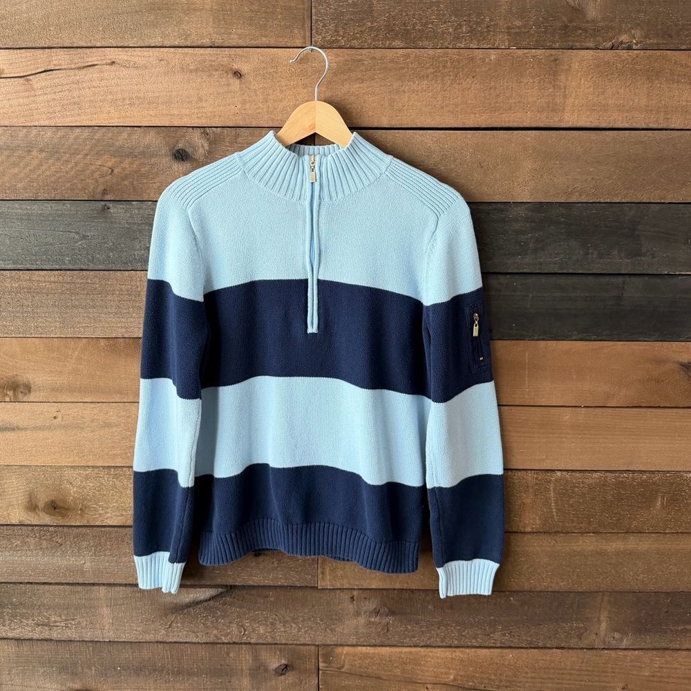 Y2K Liz & Co Cotton Quarter Zip Striped Sweater Blue Navy Large